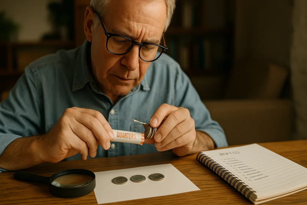 An elderly man unwraps a roll of quarters at home, inspecting them with a magnifier and recording state names in a notebook.