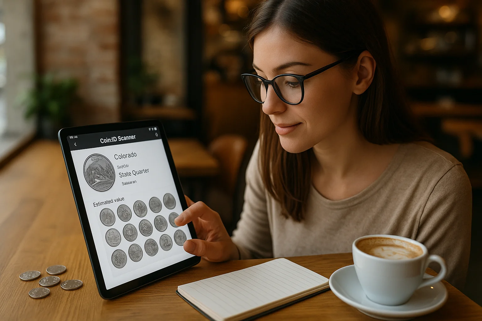 A young woman reviews her quarter collection using the app on a tablet at a café.
