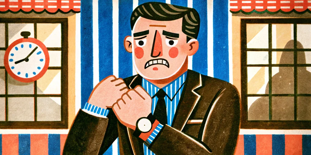 a man looks at his wristwatch, his face is upset.