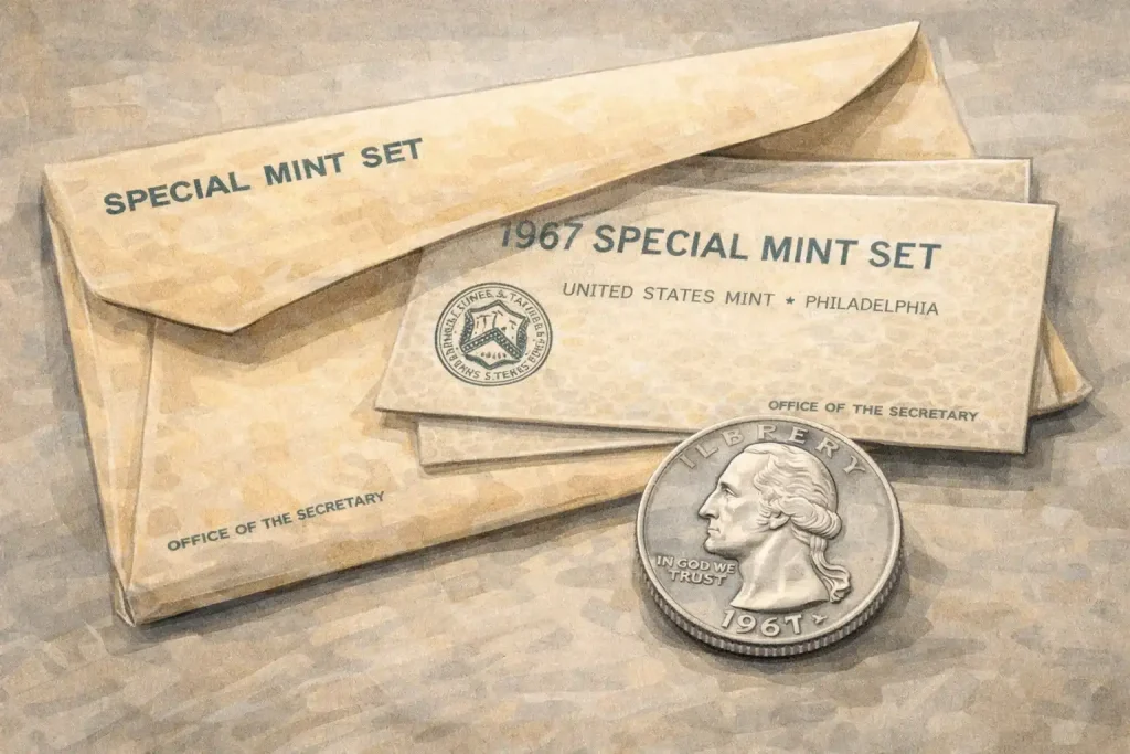 A 1967 Special Mint Set with a quarter in front of the envelope.