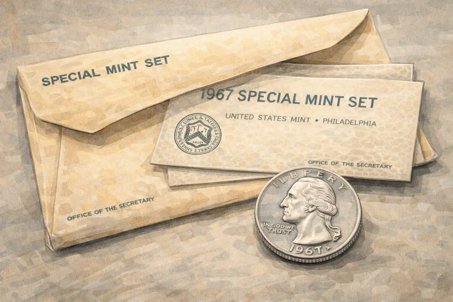 A 1967 Special Mint Set with a quarter in front of the envelope.