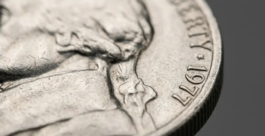 Close-up of a 1977 Jefferson nickel coin