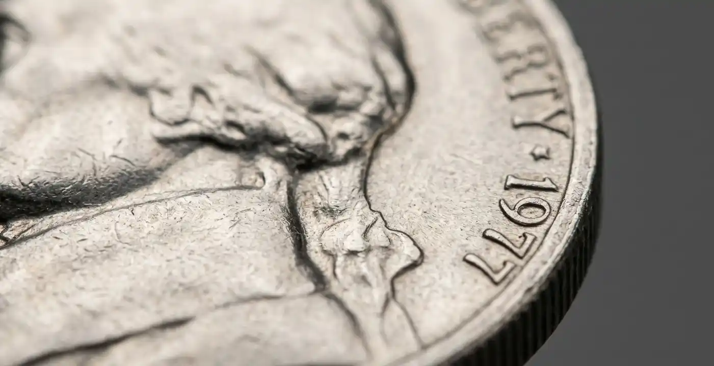 Close-up of a 1977 Jefferson nickel coin